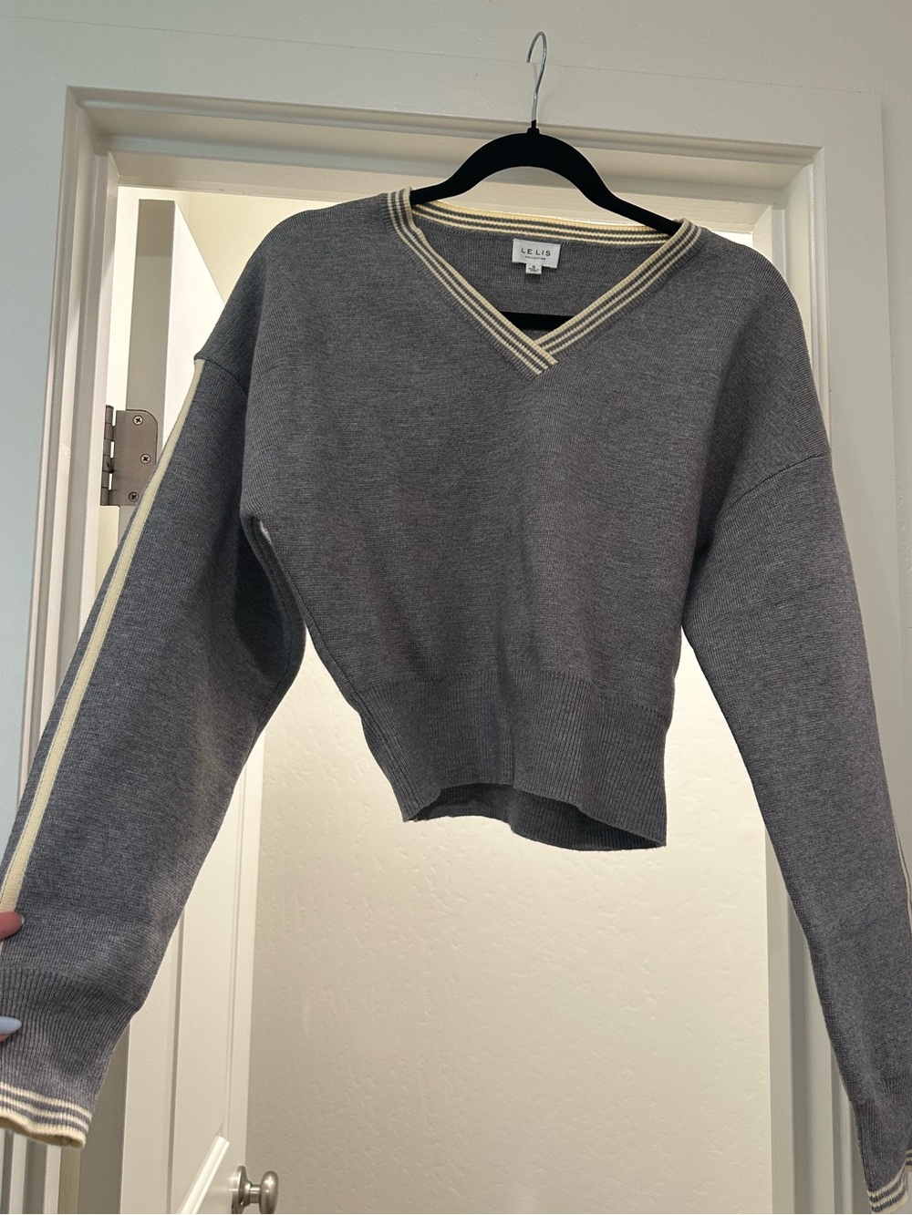 Cinched V-Neck Sweater with Striped Trim